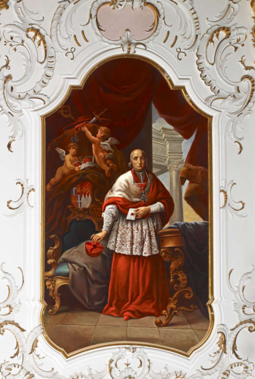 Porträt des Bischofs Damian Hugo von Schönborn (1676–1743) um 1750, gemalt von Johann Zick im Fürstensaal des Bruchsaler Schlosses (Foto: Staatliche Schlösser und Gärten Baden-Württemberg, Andrea Rachele)