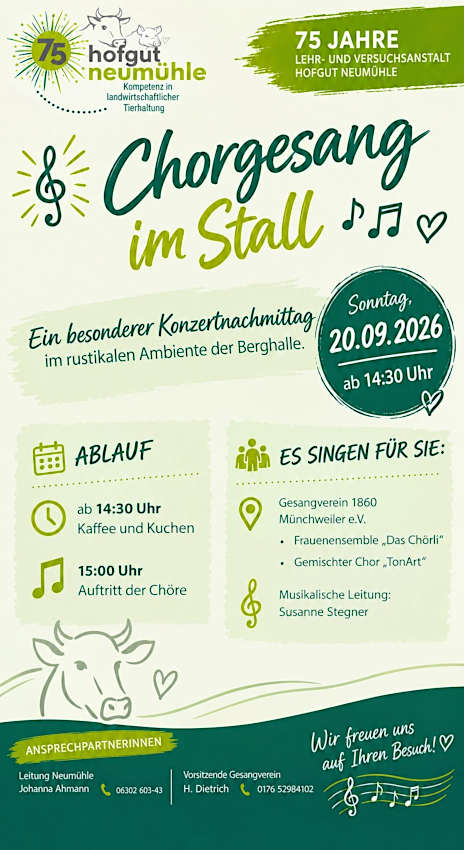 "Chorgesang im Stall" im September 2026 im Hofgut Neumühle in Münchweiler an der Alsenz