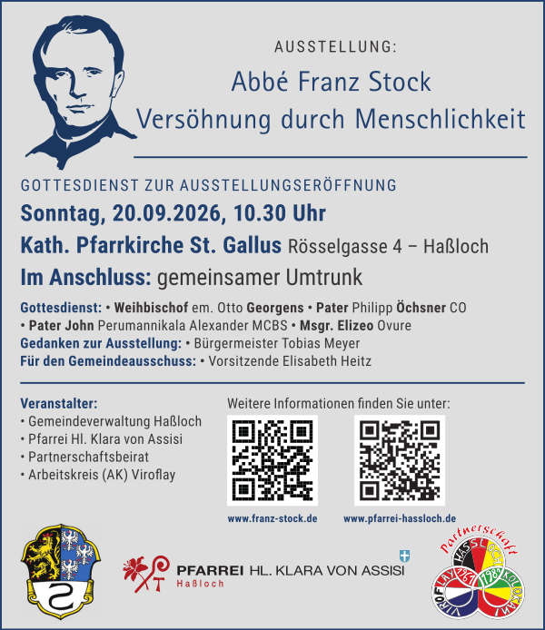 Ausstellung "Abbé Franz Stock – Versöhnung durch Menschlichkeit" im September und Oktober 2026 in Haßloch